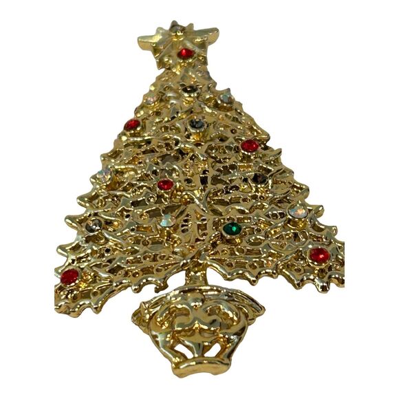 Tancer II Gold Tone Holly Multicolor Rhinestone Christmas Tree Brooch Pin - Picture 2 of 10